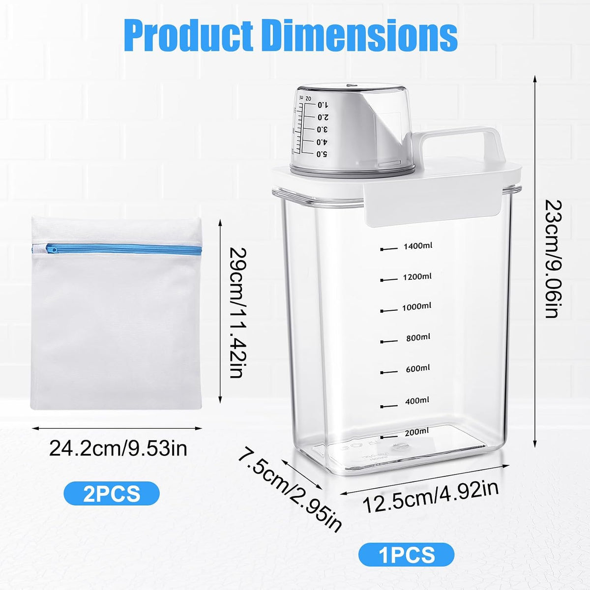1800Ml Washing Powder Storage, Airtight Detergent Dispenser with Cup & Bags