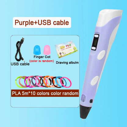 3D Pen Drawing Printing Pen with LCD Screen Compatible PLA Filament Toys Safe Paiting for Children DIY Christmas Birthday Gift