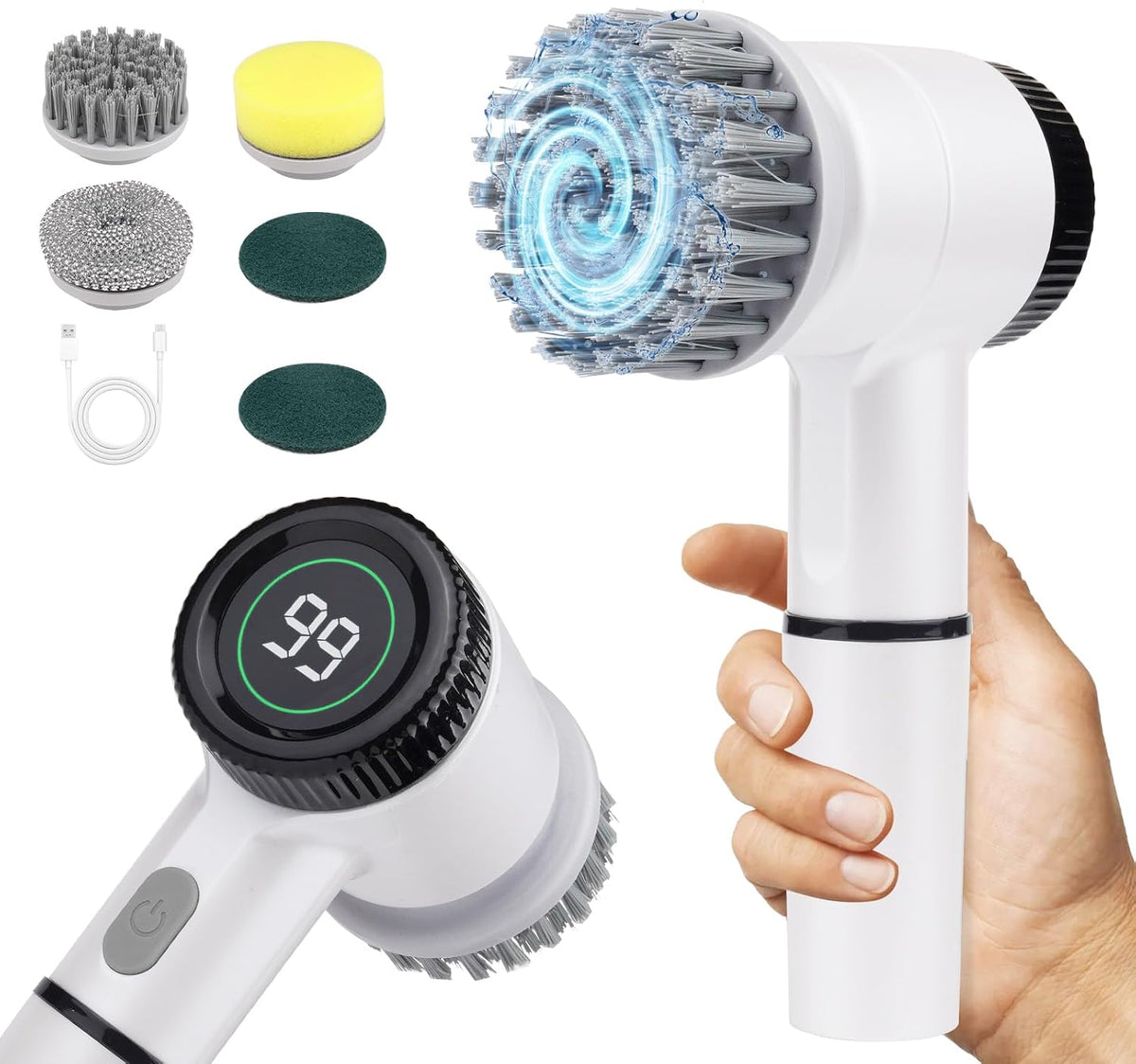 Electric Spin Scrubber, Cordless Electric Scrubbing Brush 5 in 1, Bathroom Cleaning Brush with 3 Speeds, Rechargeable Electric Cleaning Brush with LED Display for Shower, Tile, Car, Floor, Kitchen