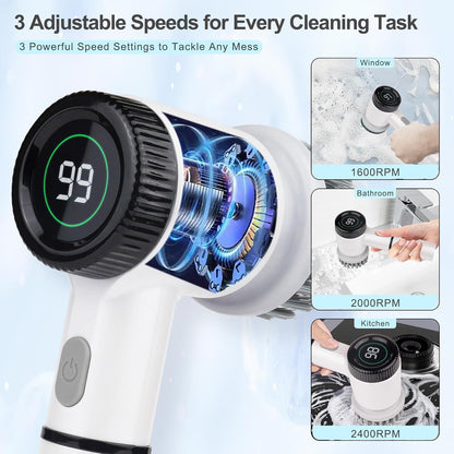 Electric Spin Scrubber, Cordless Electric Scrubbing Brush 5 in 1, Bathroom Cleaning Brush with 3 Speeds, Rechargeable Electric Cleaning Brush with LED Display for Shower, Tile, Car, Floor, Kitchen