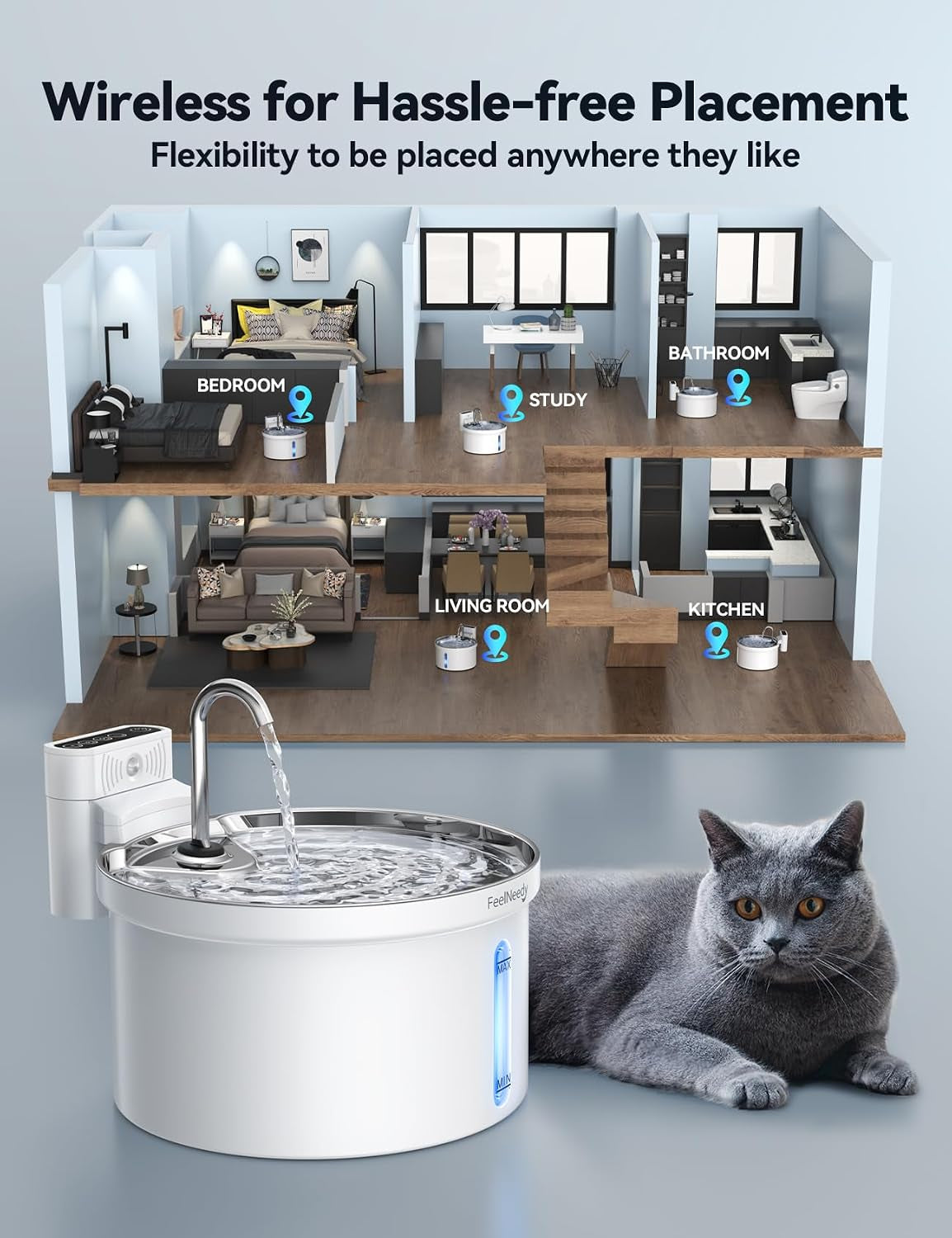 Cat Water Fountain Wireless Battery Operated, 3.5L/123Oz