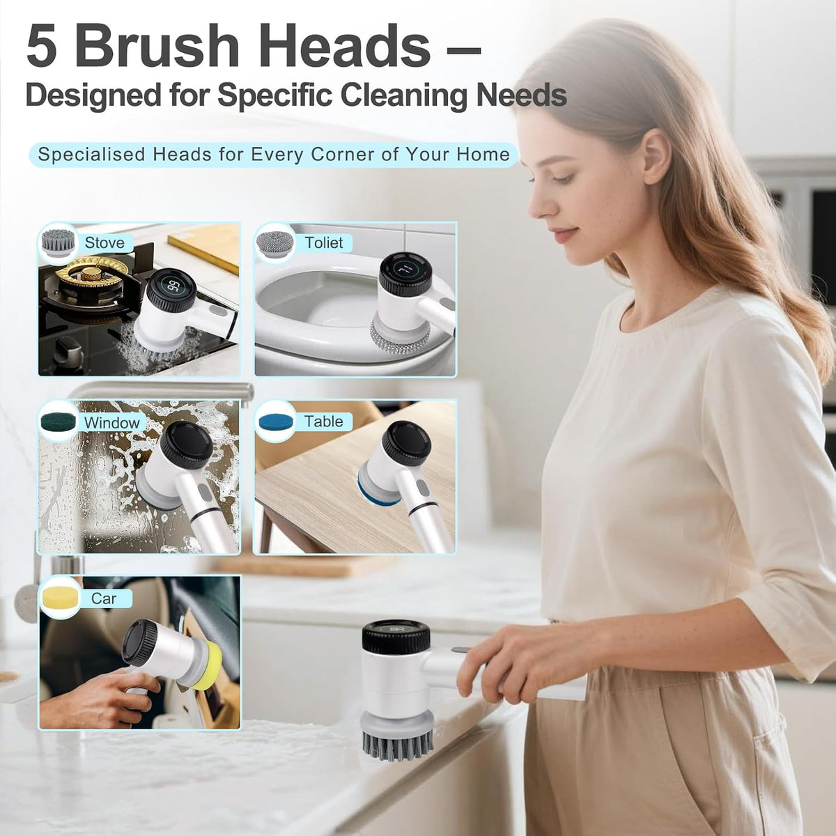Electric Spin Scrubber, Cordless Electric Scrubbing Brush 5 in 1, Bathroom Cleaning Brush with 3 Speeds, Rechargeable Electric Cleaning Brush with LED Display for Shower, Tile, Car, Floor, Kitchen